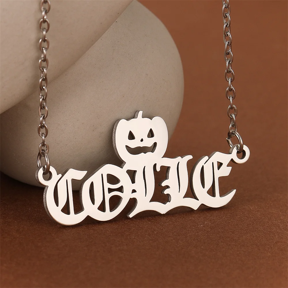 QIMING Custom Halloween Name Necklace Stainless Steel Personalized Pumpkin Festival Pendant Gift Jewelry