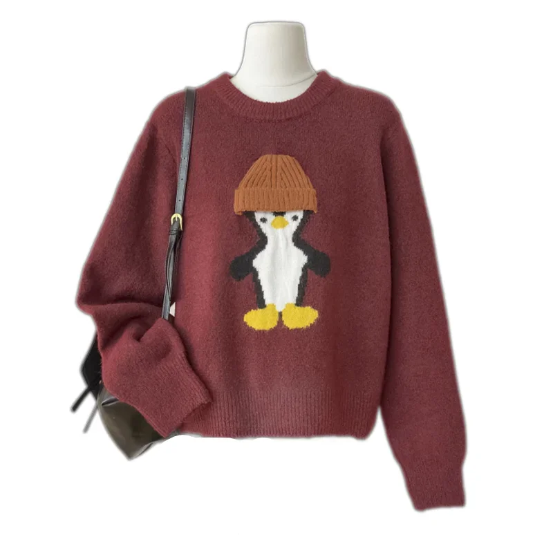 2024 New Autumn Winter Women Loose Pullover Sweater High Quality Korean Chic Cute Hat Penguin Jacquard Knitted Sweater