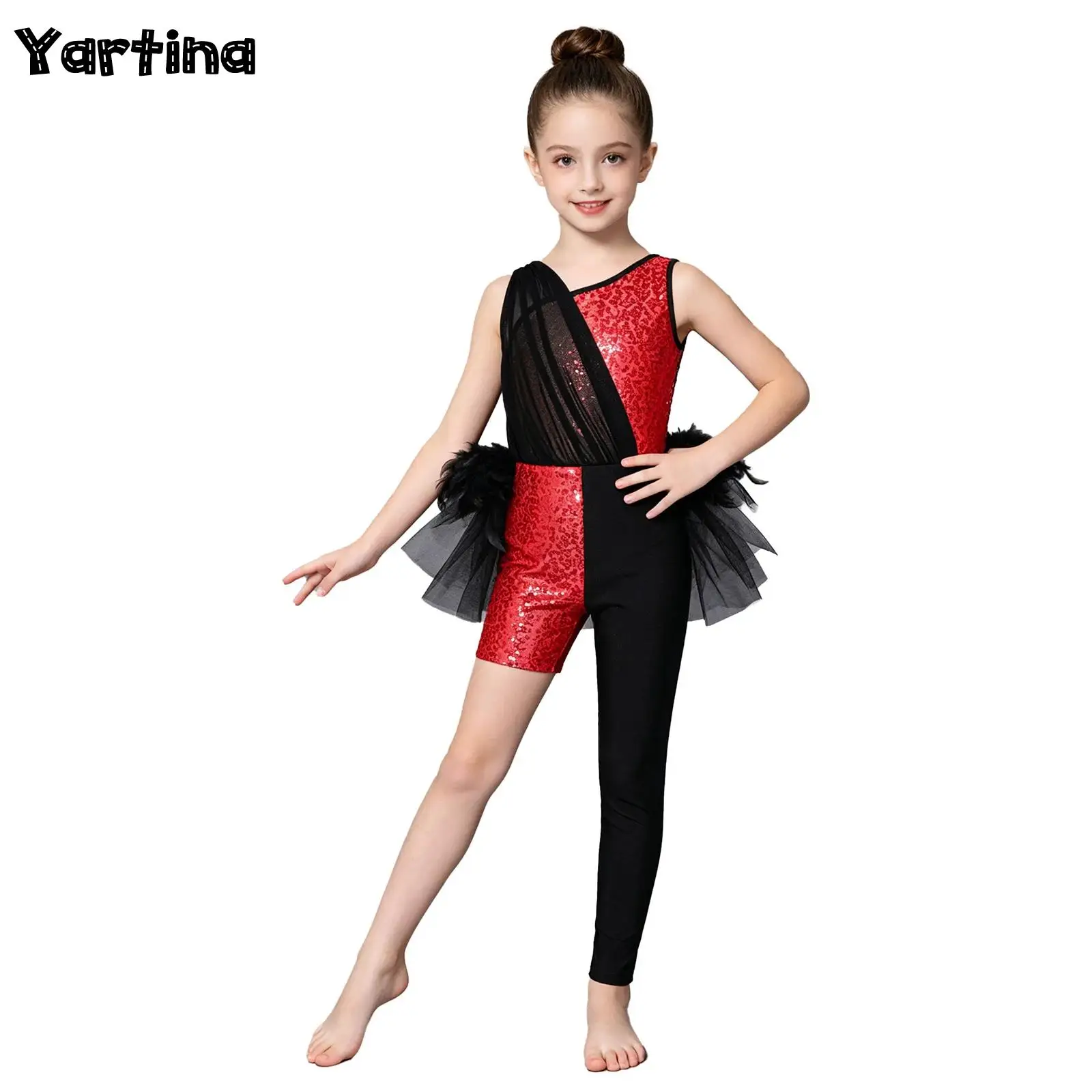 

Kids Girls Sparkly Sequins Jazz Dance Jumpsuit Performance Costume Gymnastics Leotard Feather Trim Tulle Skirted Bodysuit