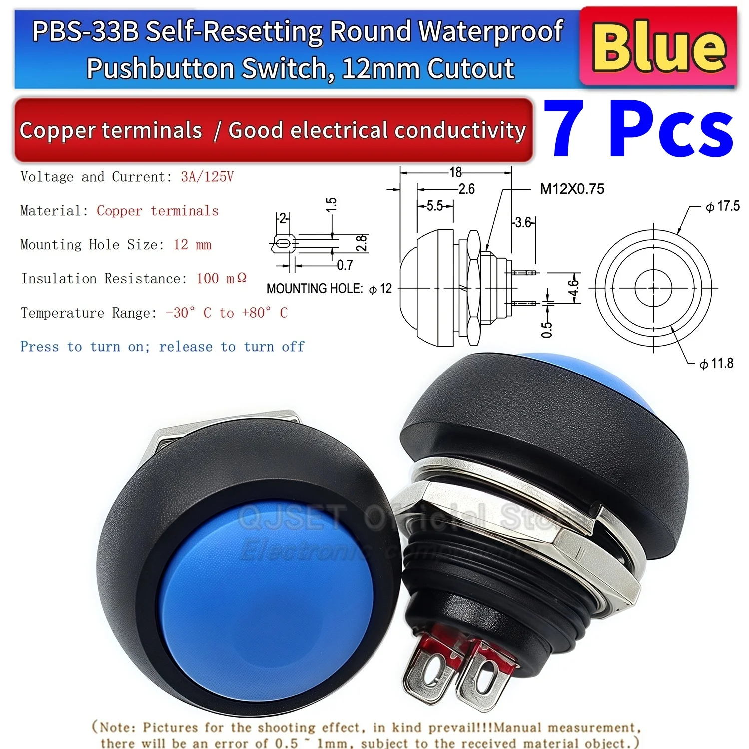 7-teiliges PBS-33B-Set, Mini-Druckknopf aus Kunststoff mit rundem Kopf, EIN/AUS-Tastschalter, 2-polig, 12 mm, wasserdicht, Power-Reset, nicht verriegelbar – Detail 11