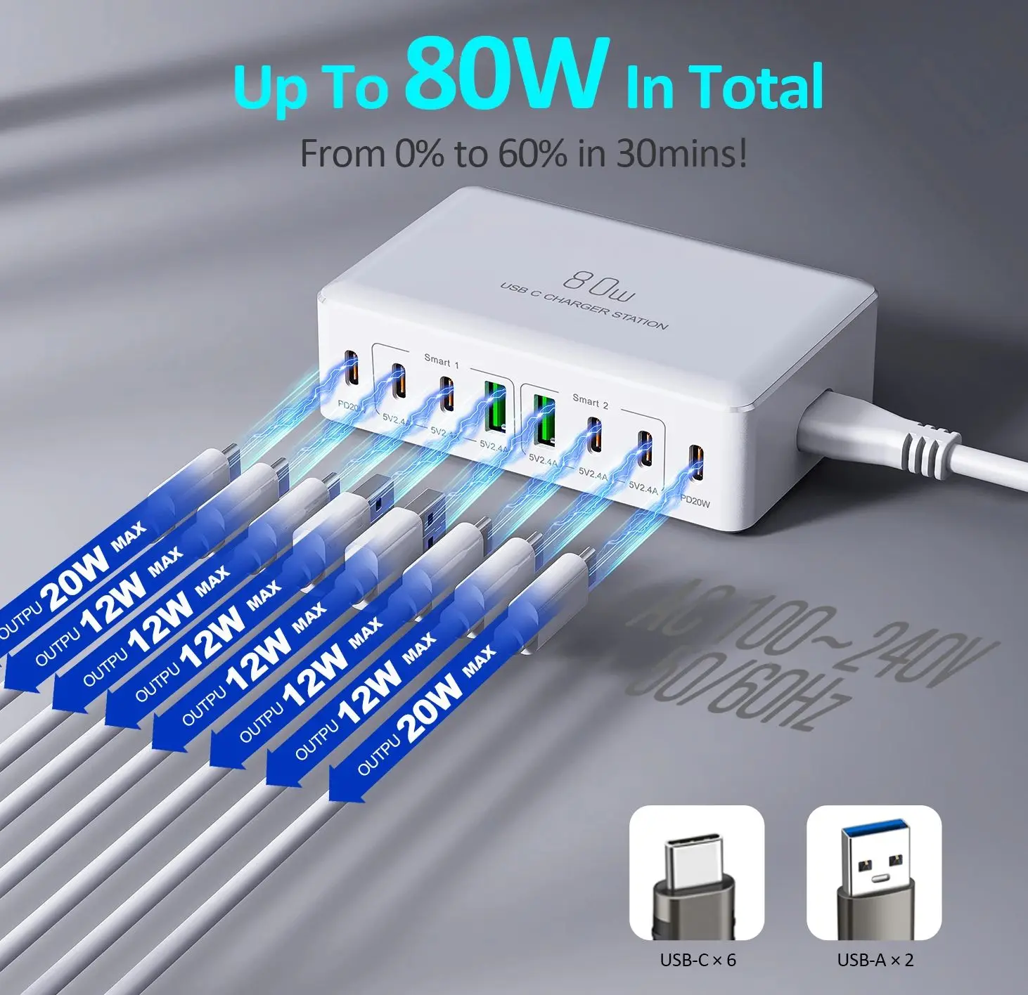 8 Ports 80W Multi USB Charging Station Travel Charger Adapter Fast Charging for iPhone 16 Pro Samsung Smartphone Charger