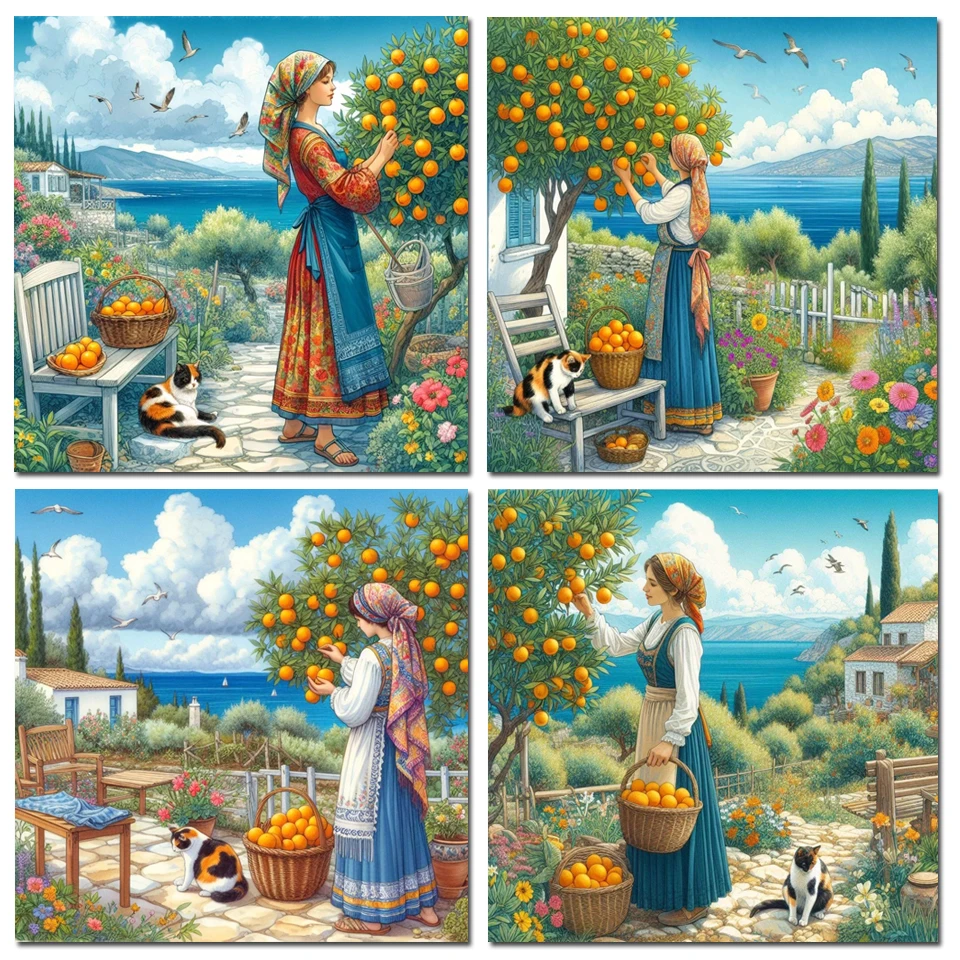 DIY Diamond Painting Cross Stitch Garden Orange Woman and Cat Landscape Rhinestone Mosaic 5D Diamond Embroidery Art Home Decor