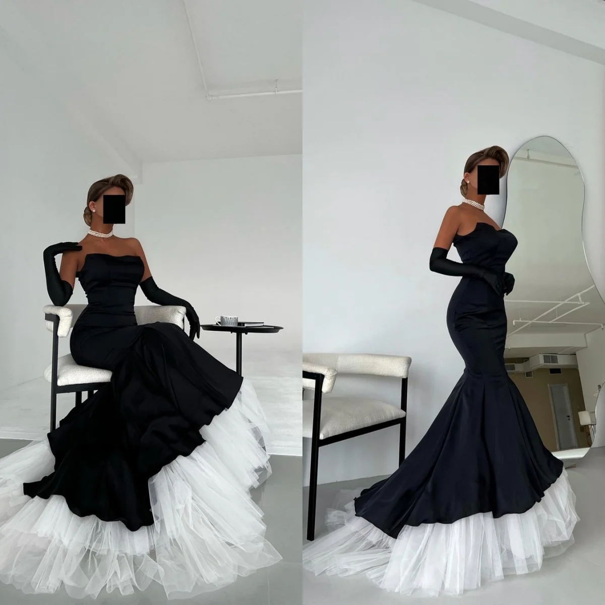 

Tulle Sweep Train Evening Party Dress Custom Made Saudi Arabia Women Black Mermaid Evening Dresses With Gloves Strapless