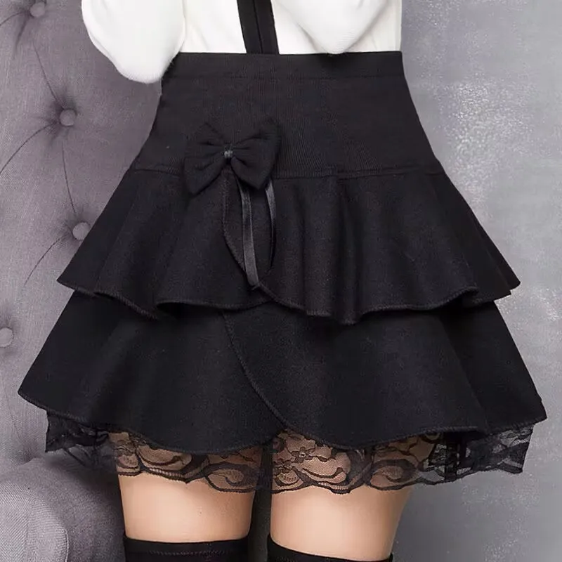 

Женская кружевная юбка-торт с бантом, осень-зима 2022, сексуальная милая юбка трапециевидной формы с высокой талией, женская кружевная пышная юбка с бантом в корейском стиле