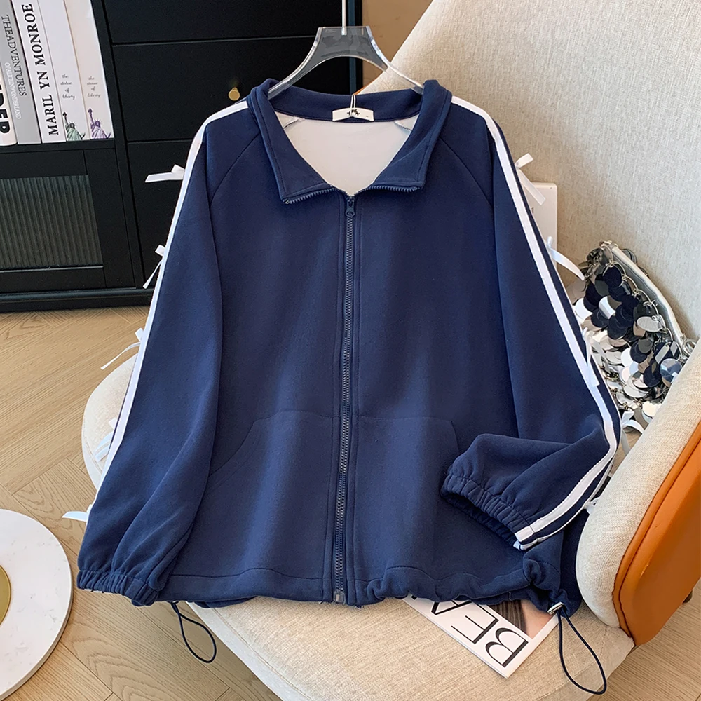 

Spring and autumn plus-size women's new blue casual cardigan zipper coat with bow decoration comfortable loose long-sleeved top