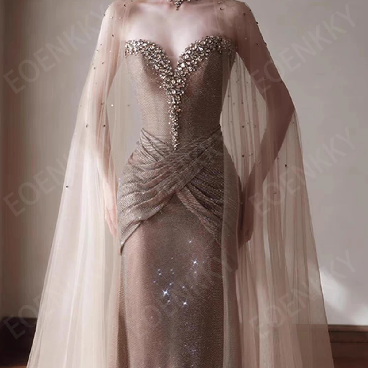 EOENKKY 럭셔리 크리스탈 머메이드 이브닝 드레스 숄 튤 스파클리 스위트하트 프롬 드레스 맞춤 제작된 고급 이브닝 드레스 2026고급스러운 크리스탈 인조 저녁 드레스와 샤울 샤울 주주주문을 받아서 만들어진 주주문을 받아서 만들어진 스파클리 사랑스러운 귀여운 prom 드레스
