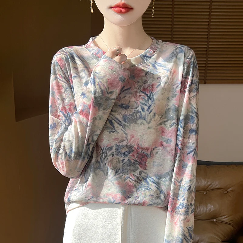 Lyocell Knitted Women's Round Neck Thin Printed Knitted Top Versatile for All Seasons, 25 Year Spring New Fashion Explosive