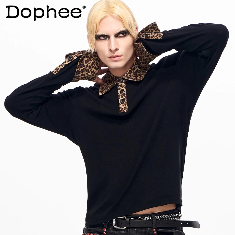 

Men's Leopard Print Polo Collar Long Sleeve Trendy T-Shirts Men's 2025 Autumn Winter New Fashion Tops Masculinity Handsome Tees