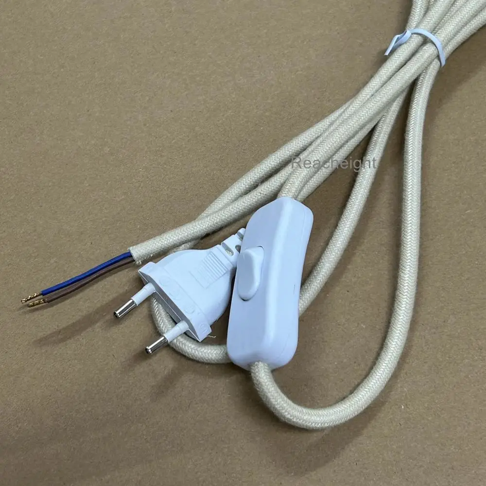 5pcs AC 250V 2 Pin EU Plug Electrical Power Cord Textile Wire Cable with Switch