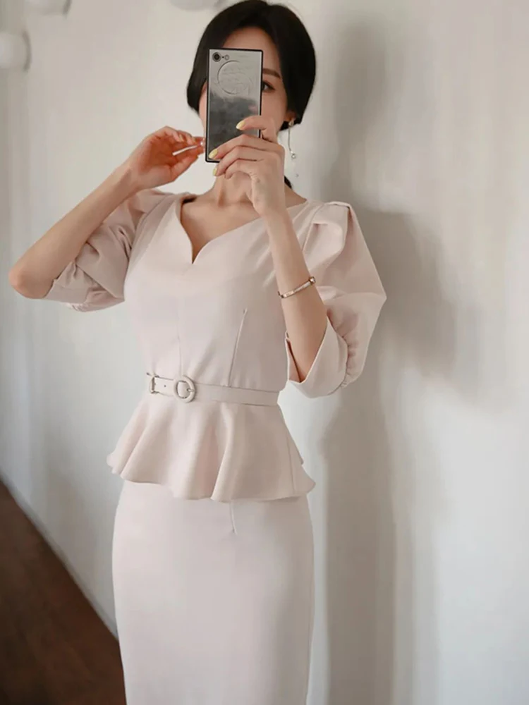 Elegant Office Lady Dress Korean Edition Fashionable Solid Color Puff Sleeves V-Neck High Waist Belt Professional Party Dress image 6