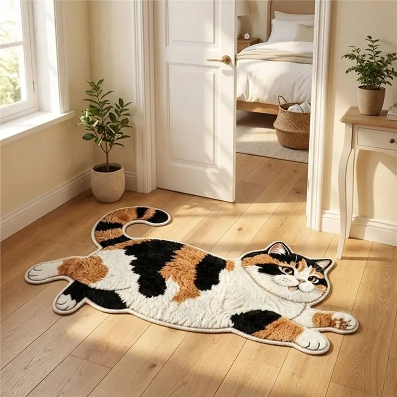 PORK-Lazy Cat Shaped Plush Bath Rug Quick Water Absorption Entrance Doormat Soft Bedroom Living Room Decor Anti Slip Floor