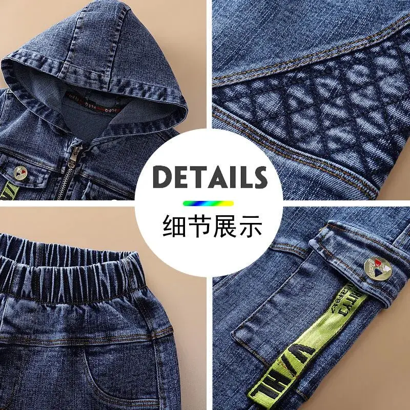 Dzieci wiosna jesień chłopiec dziewczyna 2 szt. Zestaw ubrań bawełniany płaszcz dżinsowy z kapturem + jednolite dżinsy spodnie chłopięce stroje