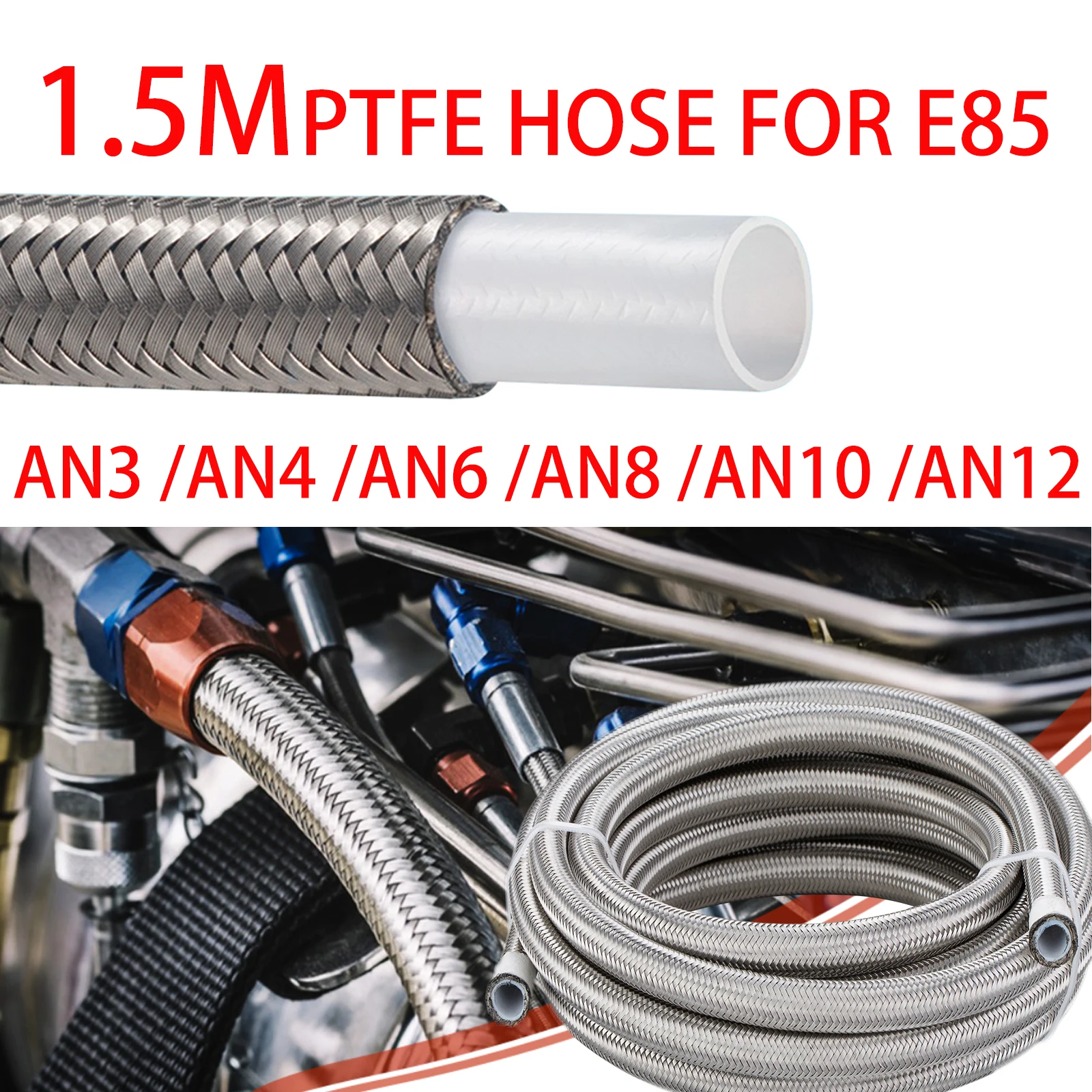 

E85 AN4 AN6 AN8 AN10 AN12 Universal 304 Stainless Steel Braided PTFE Hose Racing Hose Oil Fuel Line Oil Cooler Hose Pipe 1.5M