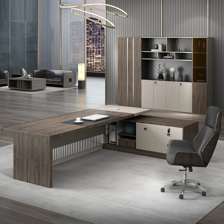 New Design Company boss Desk Simple Modern Office Manager Desk and Chair Cabinet Combination Stainless Steel Hollow Baffle