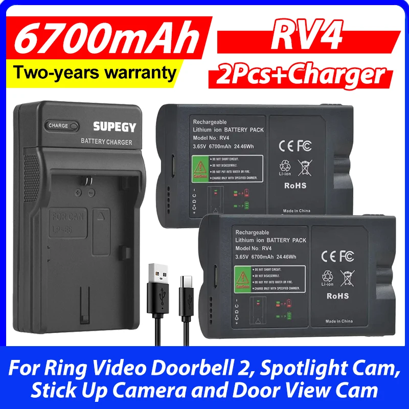 2Pcs 6700mAh Built-in USB RV4 Battery + Charger for Ring Video Doorbell 2, Spotlight Cam, Stick Up Camera and Door View Cam