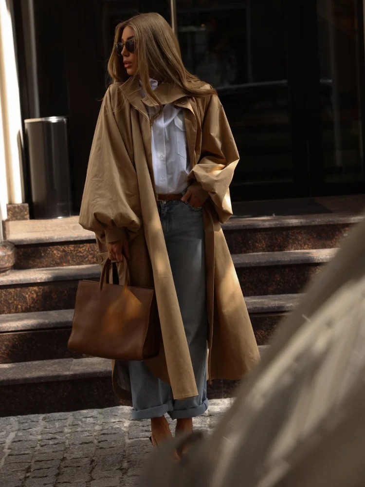 Damen Loser Drapierter Trenchcoat mit Stehkragen, Laternenärmeln, Seitenschlitz, Einreihig, Lässige Oberbekleidung, Stilvoller Alltagsmantel für Damen – Detail 8