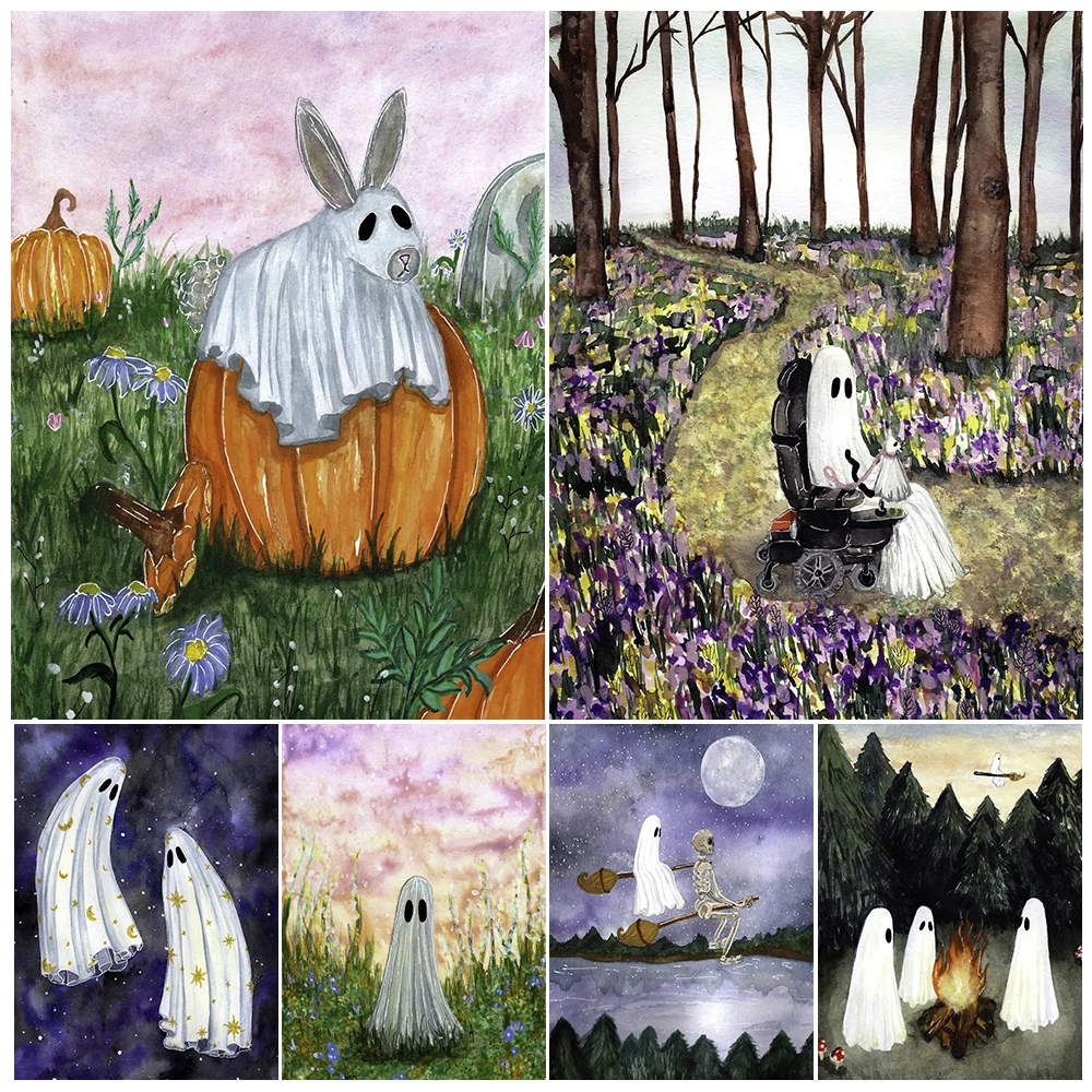 

The colourful and happy life of the Ghost,wall art canvas painting Ghosts and dogs on the path between flowers art poster print