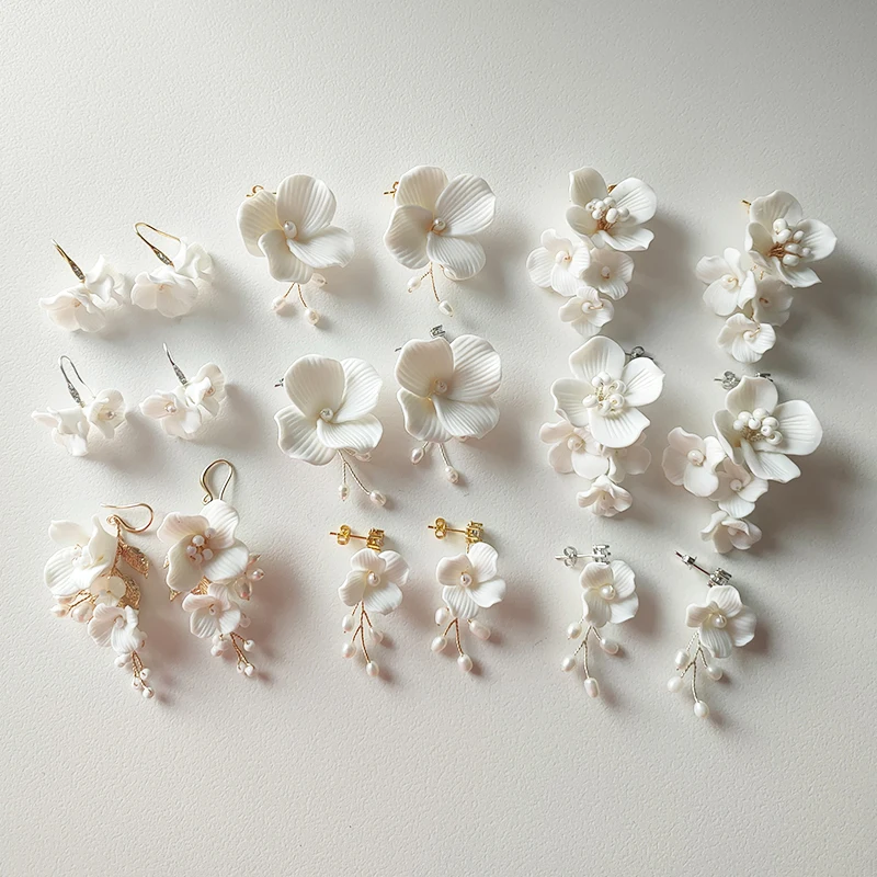 Mixed Styles Handmade Ceramic Flower Bridal Pendant Earring Wedding Pearl Dangle Stud Earrings For Women Girls