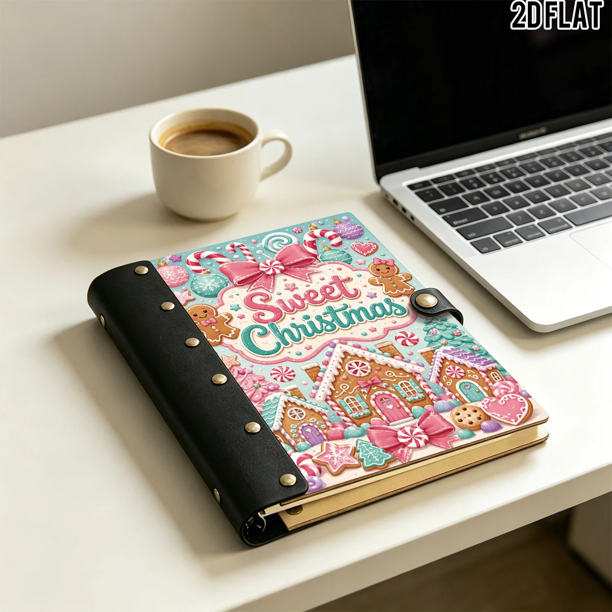 1PC 2DFlat Wooden Notebook, Hardcover Sweet Christmas Gingerbread Candy House Print, 100 Pages With Leather Rivet Craft Decorati