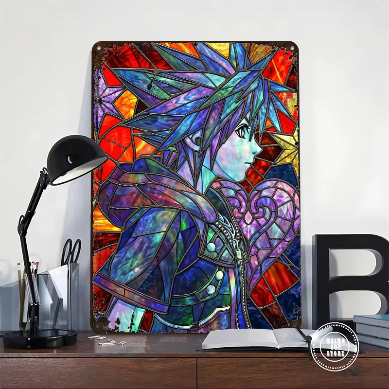 Kingdom Hearts Sora Stained Glass Art Metal Poster Custom Wall Art Retro Vintage Tinplate Signs for Man Cave Gamer Decoration