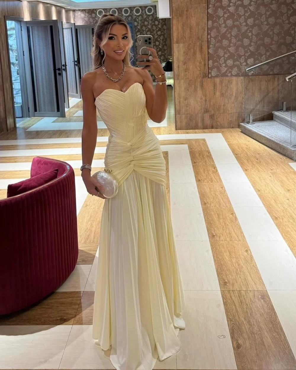 

Customized Fashion Classic Chiffon Pleat Ruched Draped A-line Strapless Long Dresses Bespoke Occasion Dresses Simple Exquisite