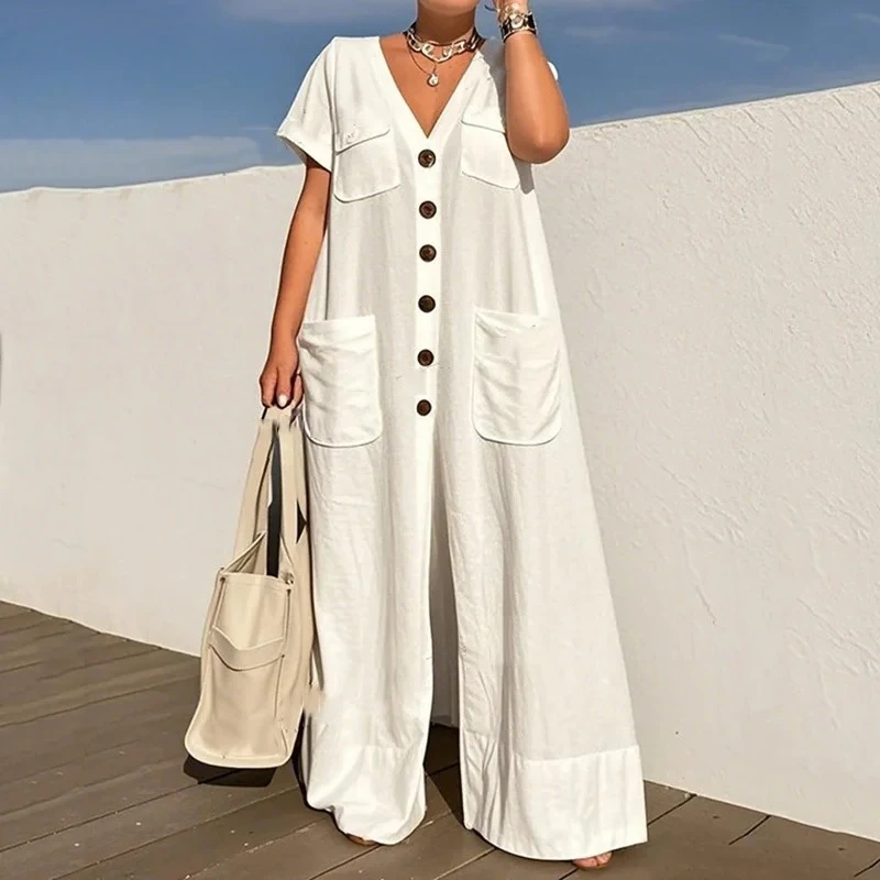Fashion New Item Solid Color V-neck Single-breasted Pocket Jumpsuit For Women Casual Loose Jumpsuits Female Trendy