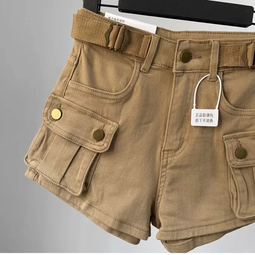 Khaki Denim Shorts High Waisted Slim Fit Multiple Pockets Elastic Wide Leg A-line Straight Leg Hot Pants 2025 Summer New Style