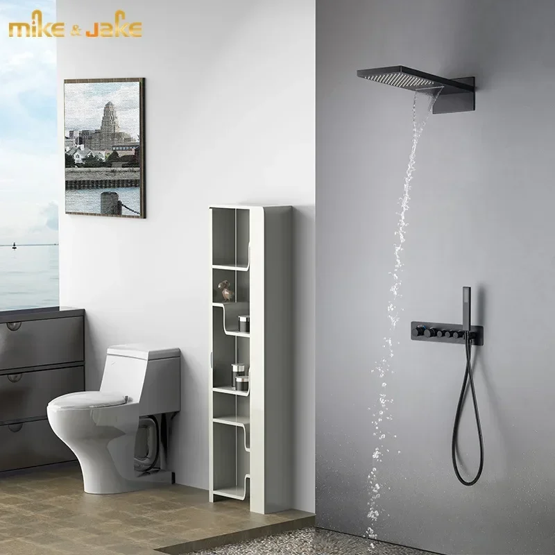 

Luxury black waterfall shower thermostatic bath wall kit big rainfall black bath shower set bathroom black constant shower mixer