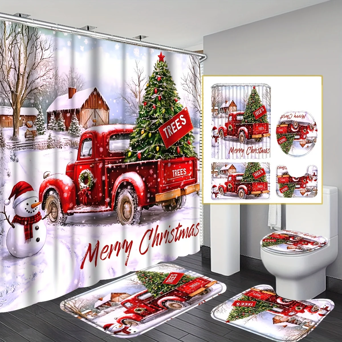 4pc Christmas Red Truck & Tree Shower Curtain Set, Festive Bathroom Decor, 12 Hooks Included