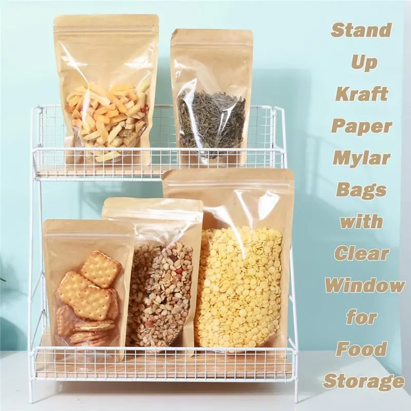 J1UL1N Resealable Stand Up Kraft Paper Bags 150 Pcs- 3 Sizes, Food Storage Clear Front Pouches Included Fornt