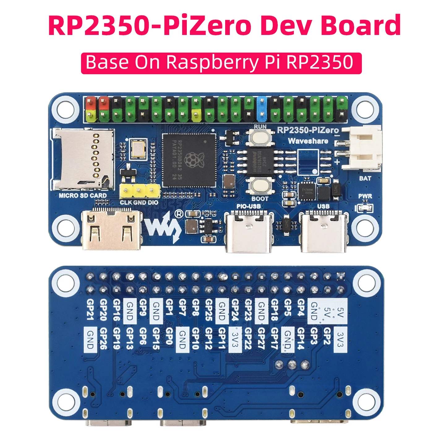 Waveshare RP2350-PiZero Raspberry Pi Pico 2 RP2350B Microcontroller 520KB SRAM 16MB Flash TF Slot PIO-USB Port DVI Interface