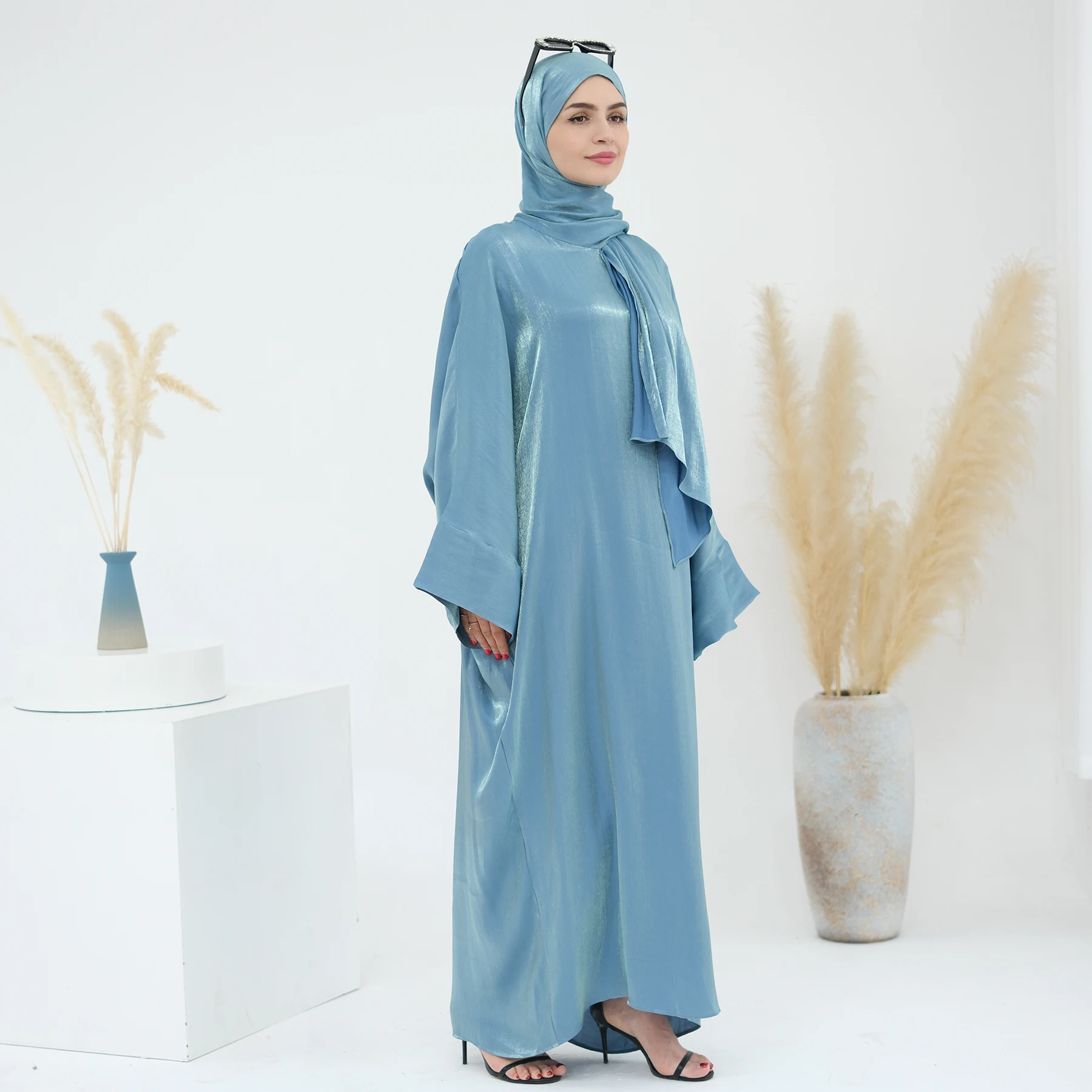 Women Muslim Abaya Attached Hijab Light Blue Polyester Long Sleeve Maxi Dress Islamic Modest Clothing Eid Wedding Party
