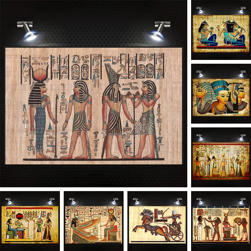 Retro Egypt Papyrus Pharaoh Character Hieroglyphics Poster Print Canvas Painting Wall Art Picture Vintage Living Room Home Decor