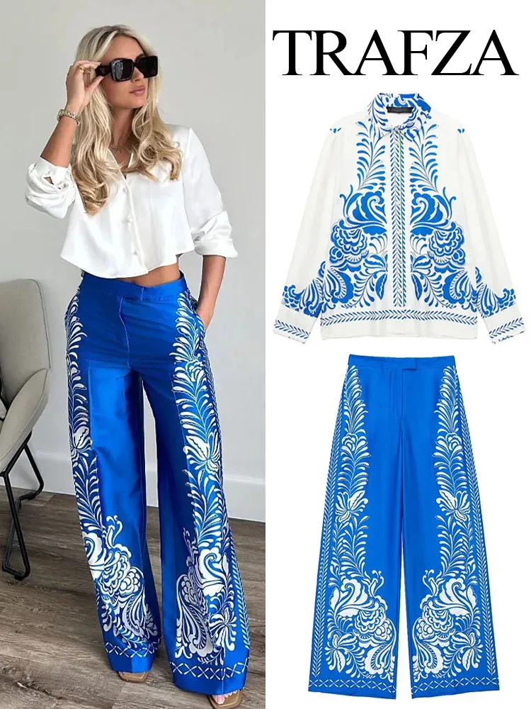 TRAFZA Women Pants Set Print Turn-Down Collar Long Sleeves Single Breasted Casual Shirts+High Waist Pocket Zipper Wide Leg Pant