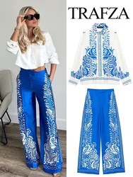 TRAFZA Women Pants Set Print Turn-Down Collar Long Sleeves Single Breasted Casual Shirts+High Waist Pocket Zipper Wide Leg Pant