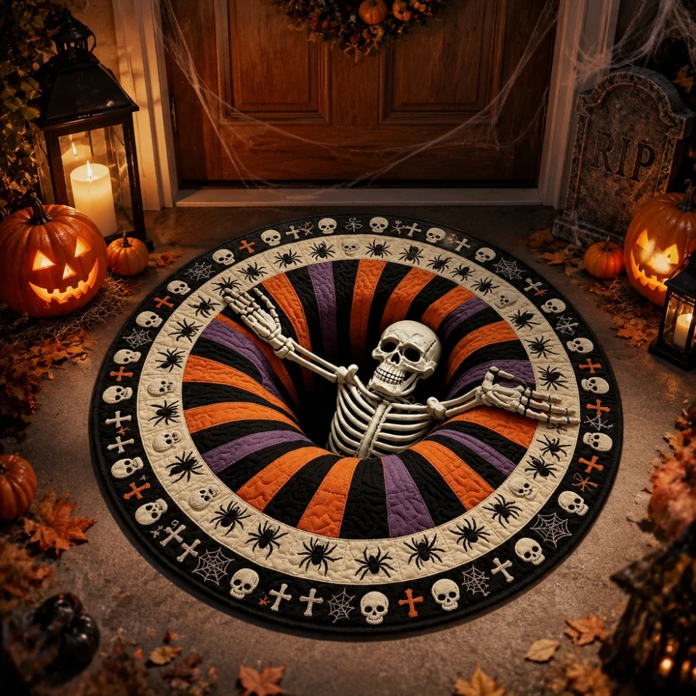 Halloween Skeleton Red Rose 3D Vortex Circle Rug Entrance Hallway Sofa Side Home Decor Bedroom Kitchen Coffee Table Area Doormat