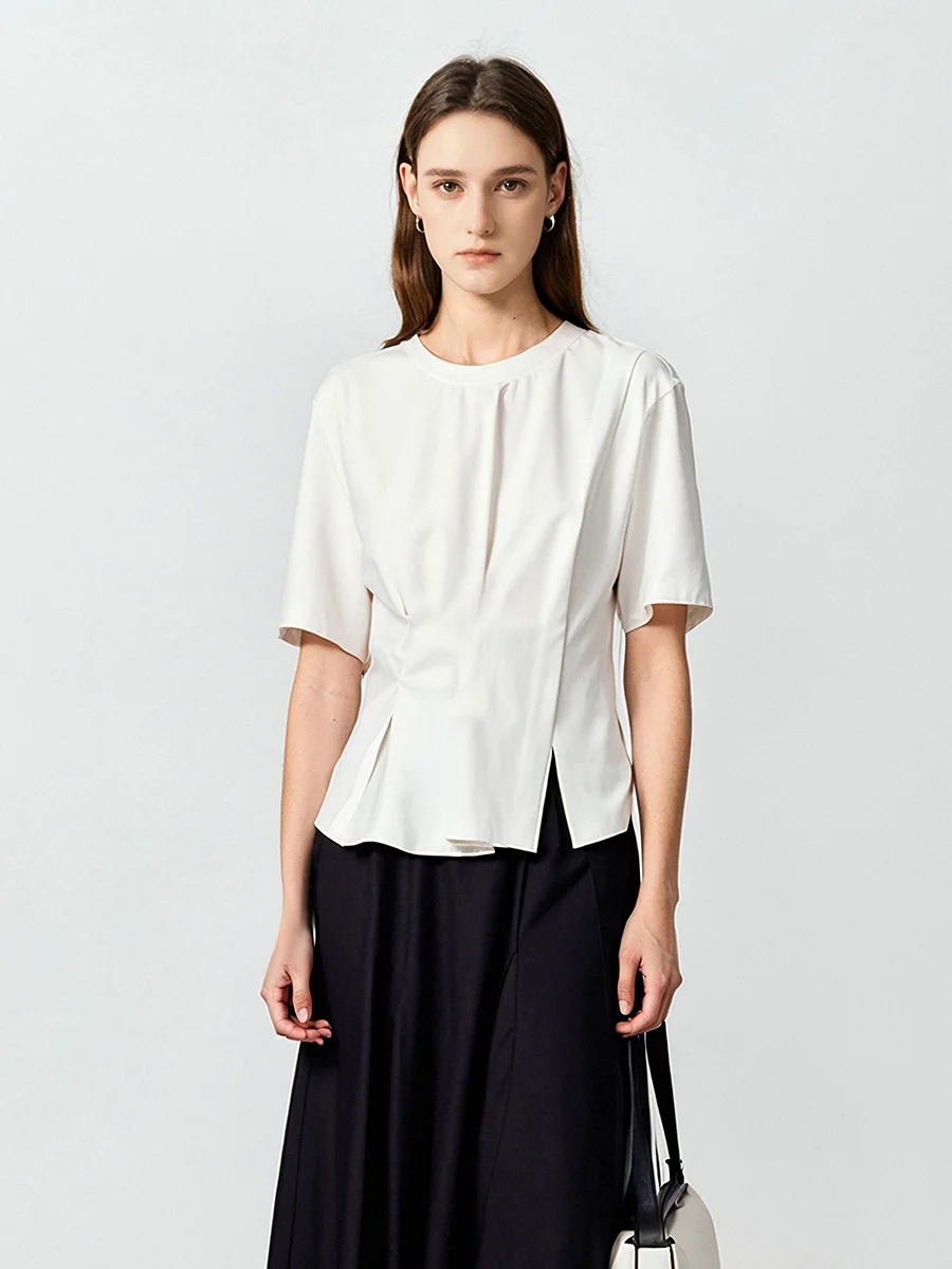 

White round Neck Short Sleeve Women's T-shirt Waist Cinched Slit Design Summer Fashion Versatile Cotton Blend Comfort Fit
