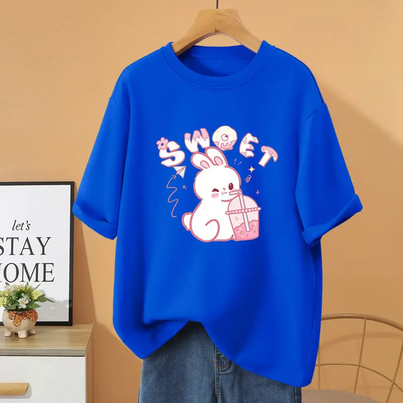 

Women Clothing O-neck Fashion Top Tee, 100% Cotton Cartoon Printed Basic T-shirt, Summer Y2k Vintage Casual Loose Pullovers