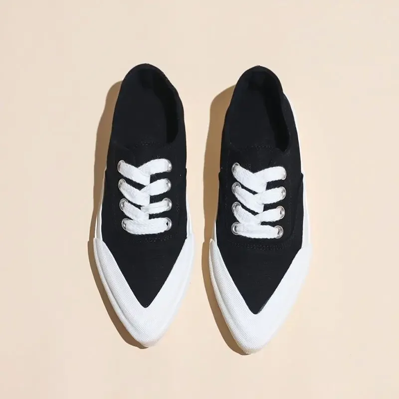 Pointed Toe Woman Footwear Canvas Flat Shoes for Women Vulcanized Cotton Spring Autumn Korean Original Urban Daily Routine A 39