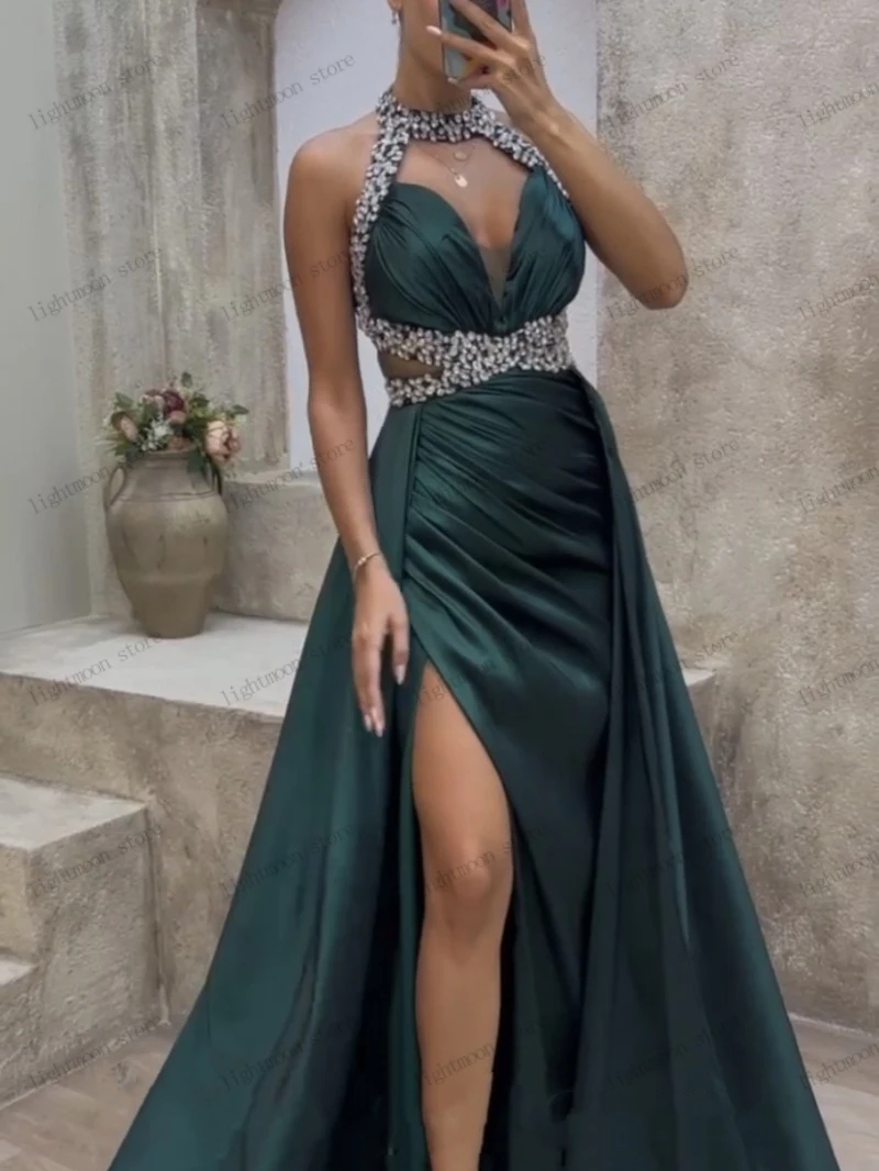 Sexy Evening Dress Satin Prom Dress Halter Neck Sleeveless High Slit Ball Gowns Sequin Appliques Elegant Robes Vestidos De Gala