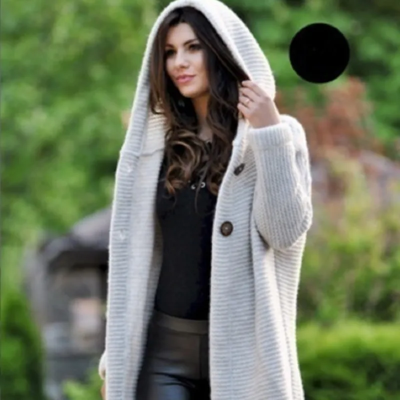 Women\'s Long Knitted Cardigan Autumn Spring Hooded Solid Color Vintage Elegant Loose Fashion Streetwear Female Coat S-5XL