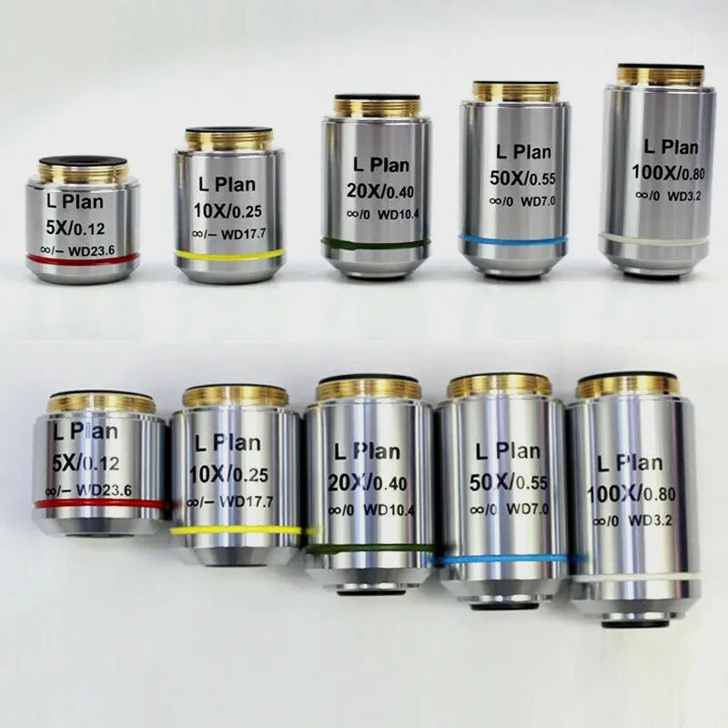 Infinity Long Working Distance Infinite Plan Objective Lens for RMS Thread Metallurgical Microscope 2.5X 5X 10X 50X 100X