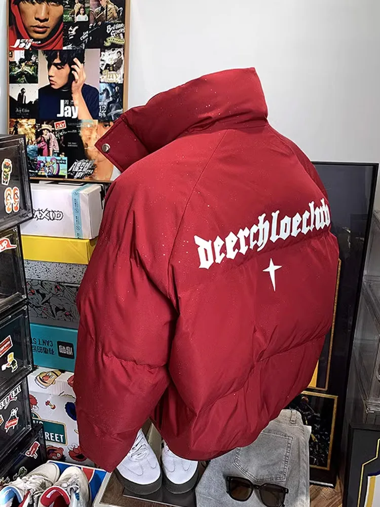 Thickened Short Cotton Jacket Men's Winter Fashion Red Bread Coat Stand Collar down Cotton Padded Casual Streetwear