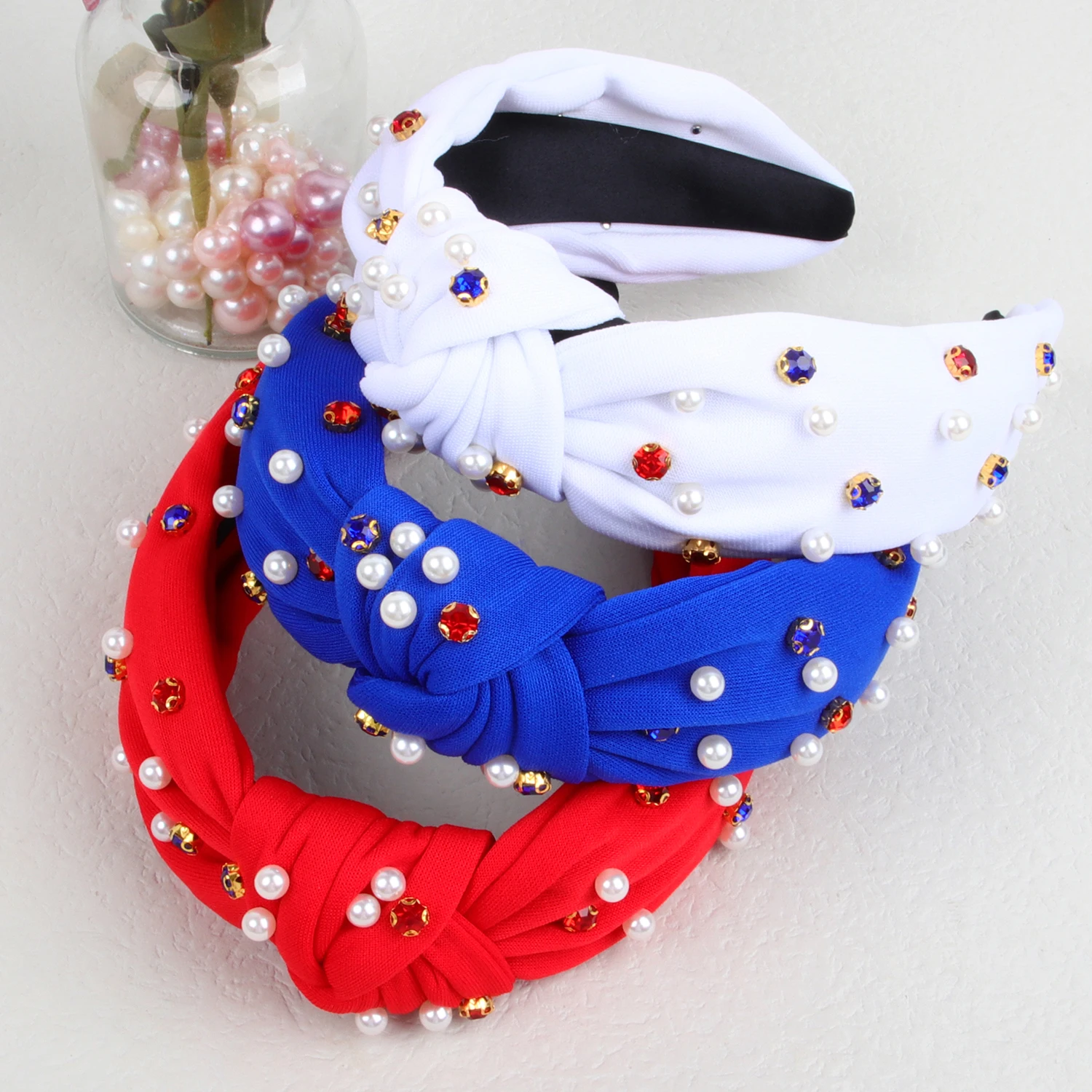 USA Independence Day Pearl Headband for Women Girls Crystal Headbands Holiday Hairbands Bow Knot Headband DIY Handmade Headwear