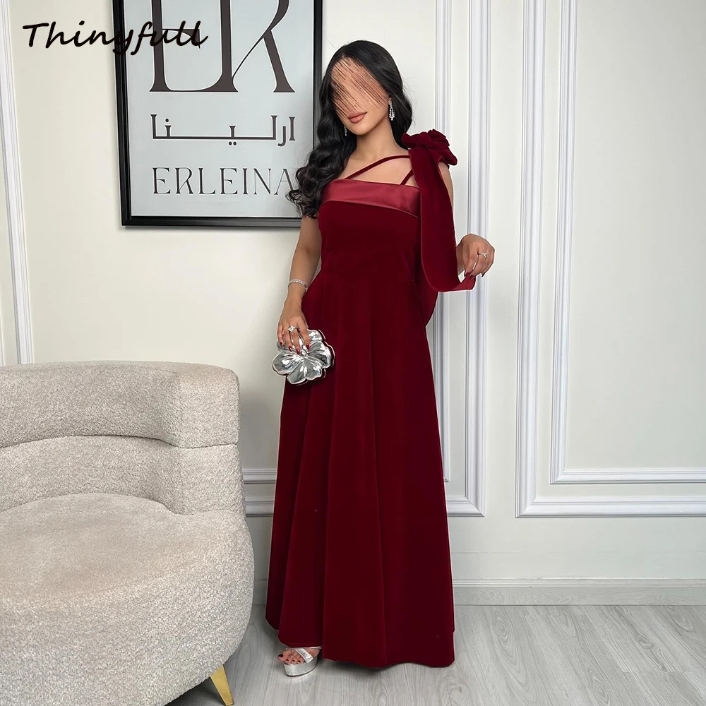 

Thinyfull A-line Velvet Arab Prom Dresses One Shoulder Sleeveless Evening Party Dress Long Dubai Formal Occasion Gown Customized