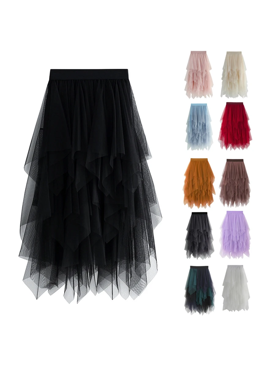 Damska spódnica z tiulu Y2K Mesh Sheer Asymmetrical Layered Fairy Tutu Skirts Sexy A-lineTulle Bubble Skirt