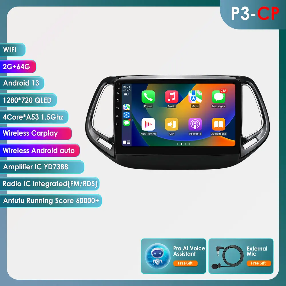 Hizpo Auto Android 14 voor Jeep Compass 2017-2020 Auto Radio Multimedia Speler GPS Navigatie Carplay Stereo 4G BT Geen 2din DVD AI