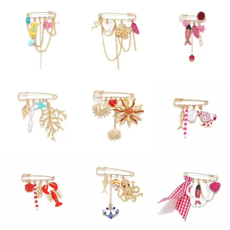 Fashionable Vintage Drip Oil Tropical Fish Flower Brooch Exquisite Metal Chain Trouser Leg Decorative Jewelry Accessories Gifts