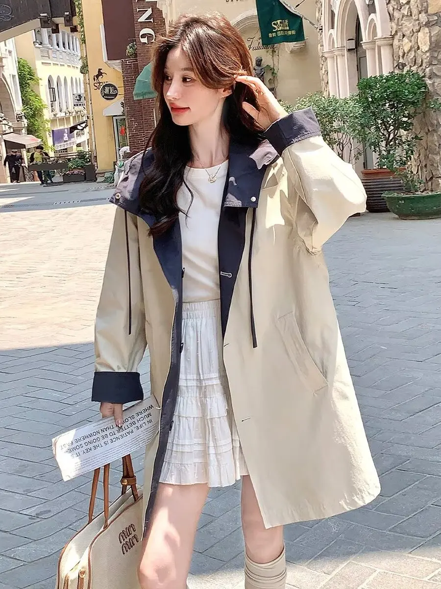 الرجعية بريتي Sle مقنعين Jaet المرأة ربيع الخريف عادية فضفاض على الوجهين ارتداء سترة واقية معطف ملابس خارجية مريحة