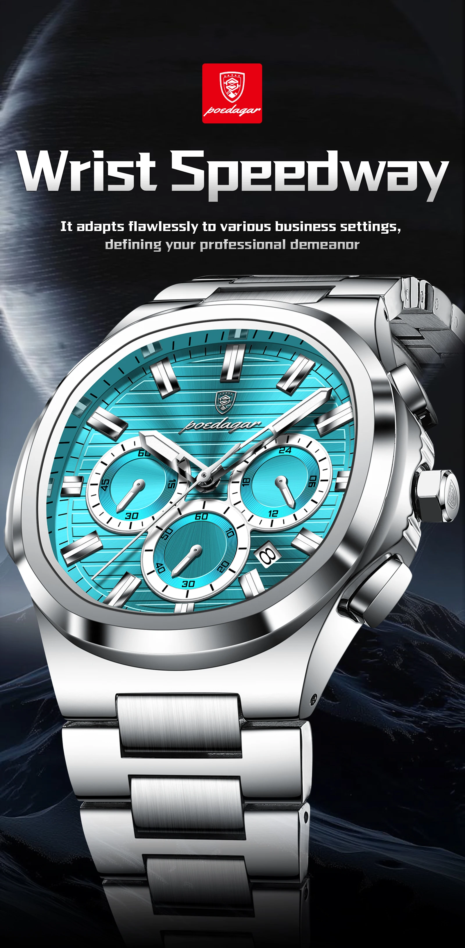 POEDAGAR Top Business Herrenuhr Leuchtend Wasserdicht Edelstahl Herren Armbanduhr Chronograph Datum Quarz Mode Herrenuhren – Detail 2